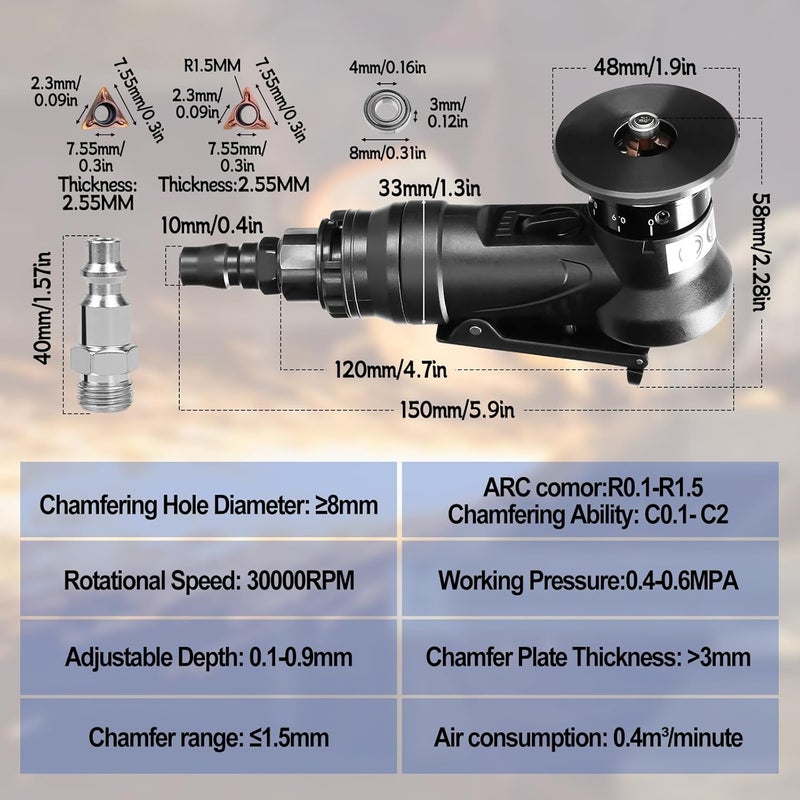 dcvbny Pneumatic Chamfering Tool Handheld, Mini Air-Powered Chamfering Machine Trimming, 45° Arc Corner with 1/4 Inch Air Inlet for Metal Wood Beveling Deburring (C&R Angle Blades) - Image 5